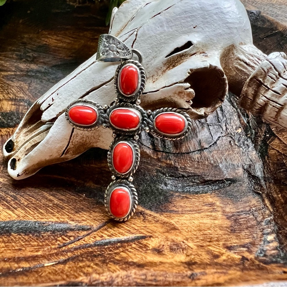 925 Sterling Silver & Italian Red Coral Cross Pendant •Southwestern.• Statement